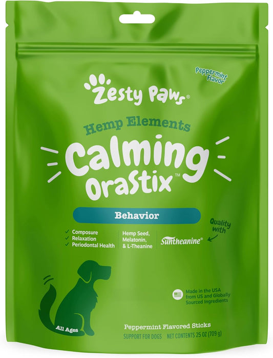 Zesty Paws Calming Orastix for Dogs - Dental Sticks for Stress and Anxiety Relief with Hemp Melatonin Chamomile Dog Tartar Teeth Cleaning Calm Composure for Fireworks and Thunderstorms